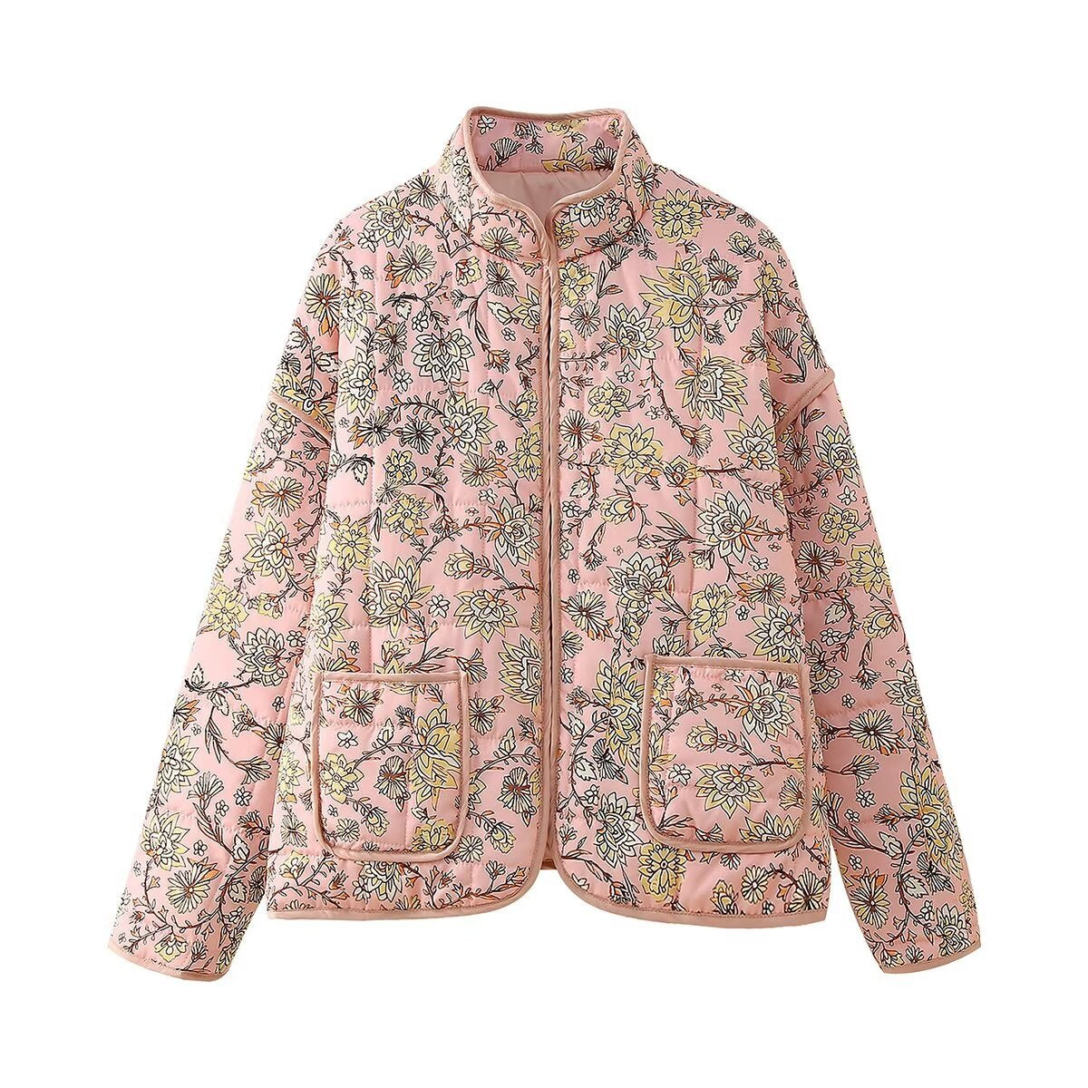 Wholesale Autumn Flower Print with Thin Pockets Adorning Cardigan Cotton Jacket